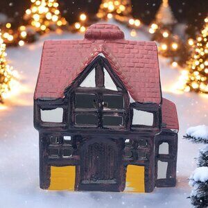 Christmas Building Ceramic Candle Holder - 1980s Christmas Tabletop Decoration